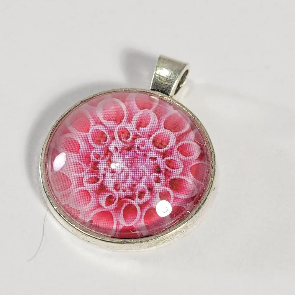 Pink Dahlia Flower Pendant Silver Tone Glass Cabochon Floral Charm Jewelry